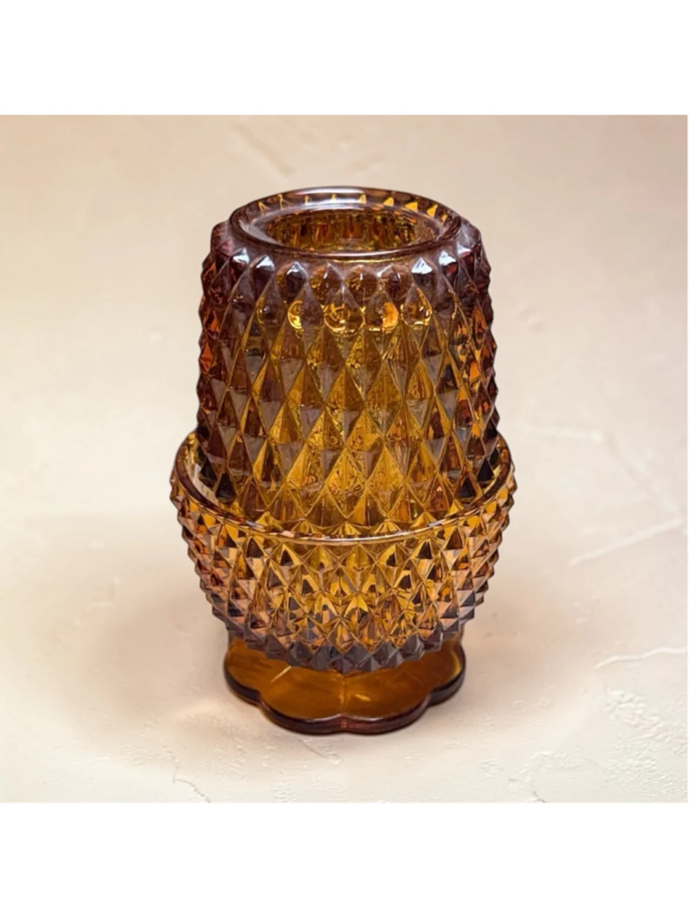 Amber Diamond Point Fairy Lamp Indiana Glass Style Vintage Candle Holder Glow